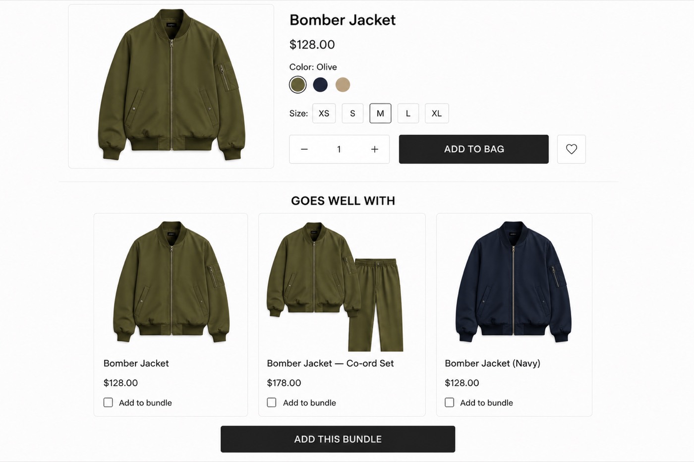 A storefront mockup of an olive jacket product page whose "Goes well with" section recommends the same jacket, a matching co-ord set, and the jacket in another colour: a variant bundler mislabelled as styling.