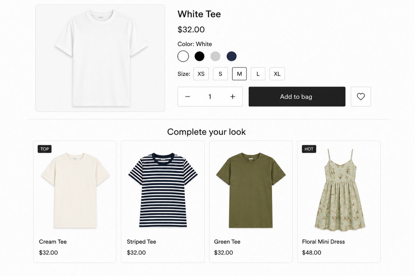A storefront mockup of a white t-shirt product page whose "Complete your look" section recommends three more t-shirts and an unrelated floral dress: a bestseller feed mislabelled as styling.