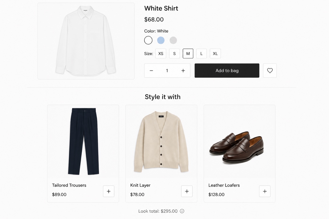 A storefront mockup of a white shirt product page whose "Style it with" section recommends tailored trousers, a knit layer, and leather loafers: a coordinated cross-category outfit.