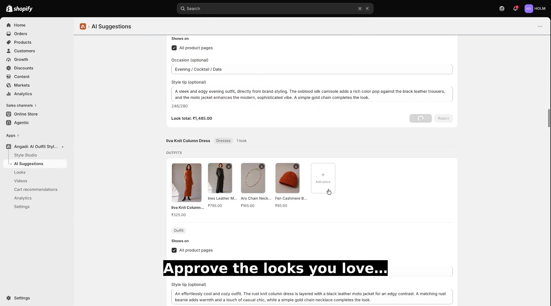 Angadi's AI Suggestions page showing an outfit suggestion with its pieces, style tip, and Approve and Reject buttons