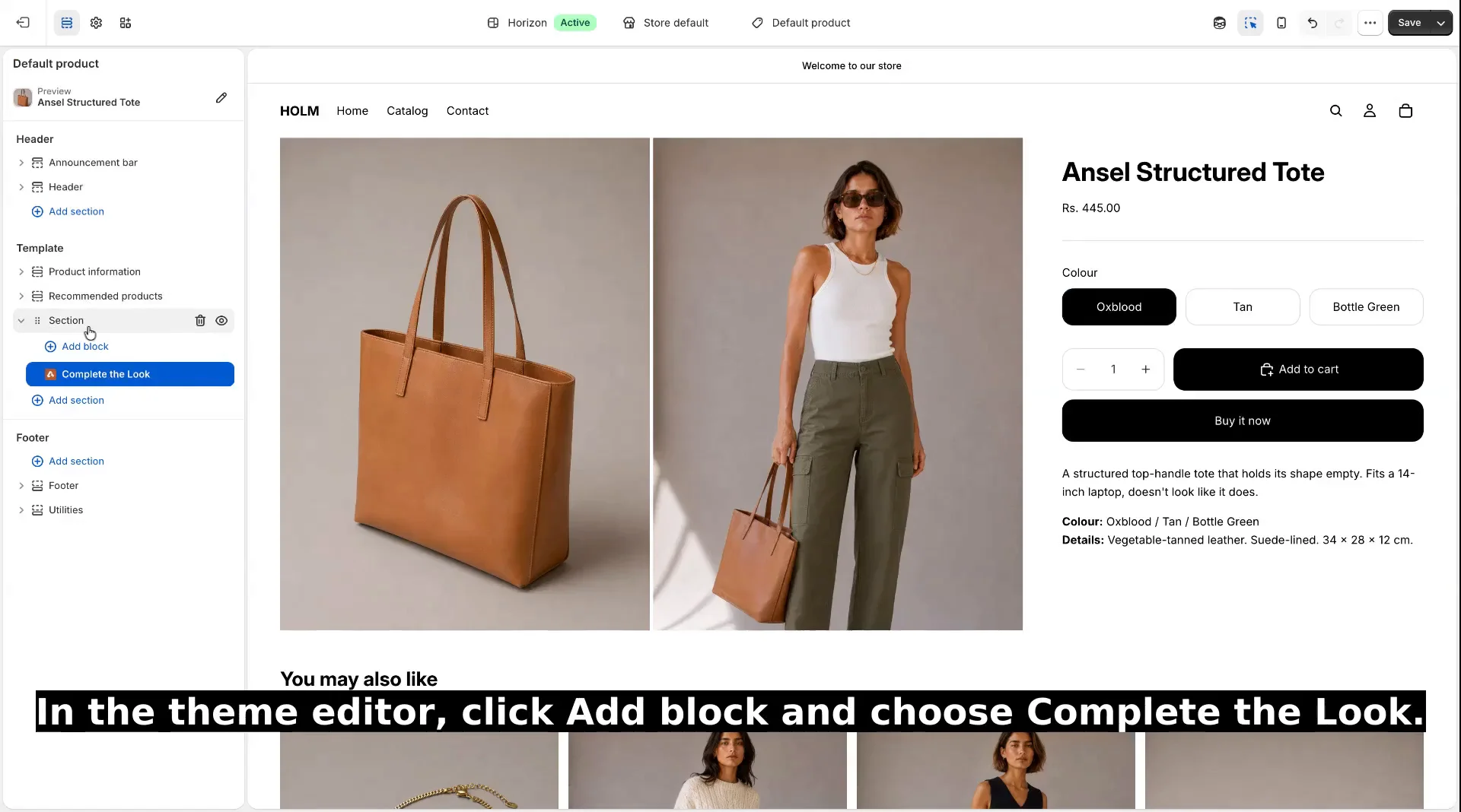 Shopify theme editor with the Complete the Look block added to the product template, ready to position and save