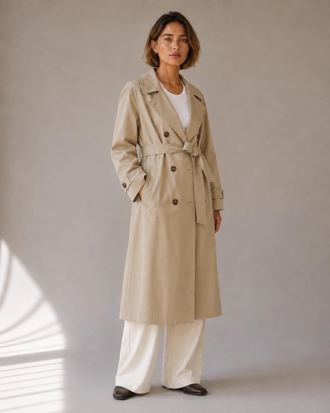 Halden Cotton Trench in stone, worn by a model